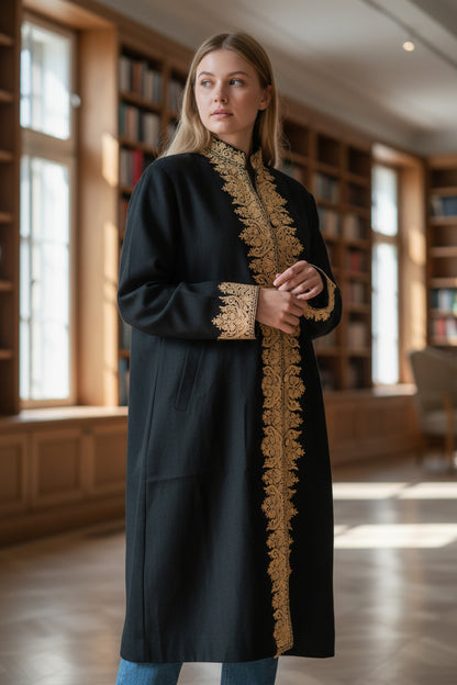 Women’s Woolen Long Coat – Elegant Winter Wear - Black