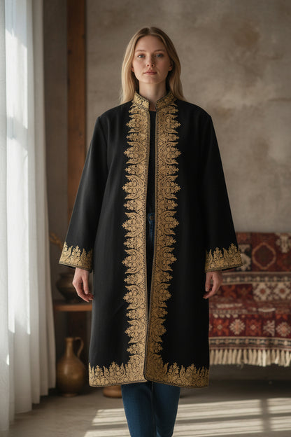 Women’s Woolen Long Coat – Elegant Winter Wear - Black
