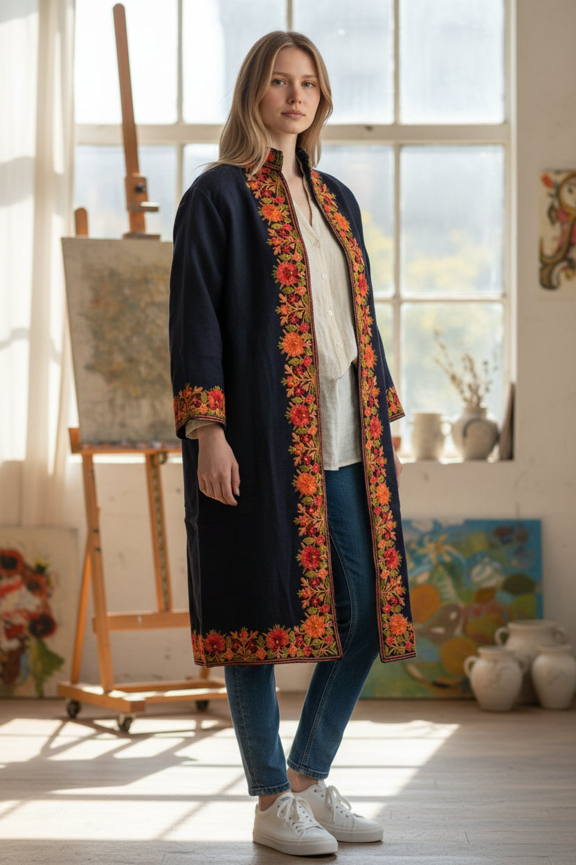 Women’s Woolen Long Coat – Elegant Winter Wear - Blue