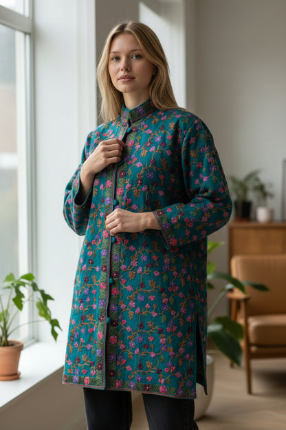 Women’s Woolen Long Coat – Elegant Winter Wear - Turquoise