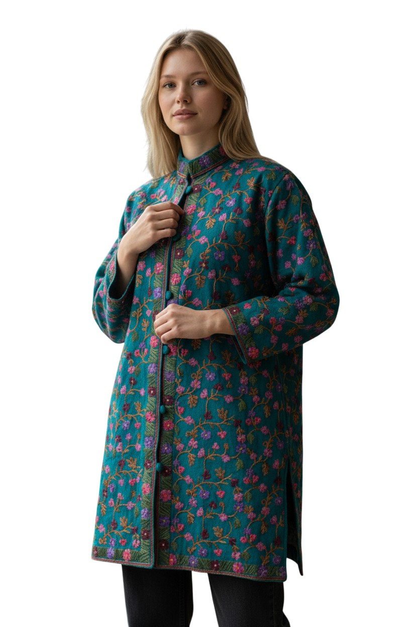Women’s Woolen Long Coat – Elegant Winter Wear - Turquoise