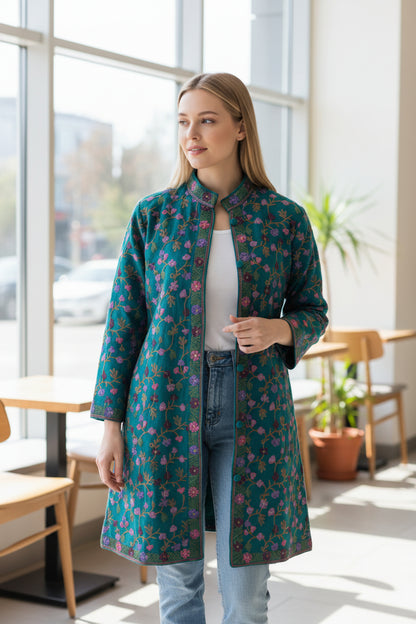 Women’s Woolen Long Coat – Elegant Winter Wear - Turquoise