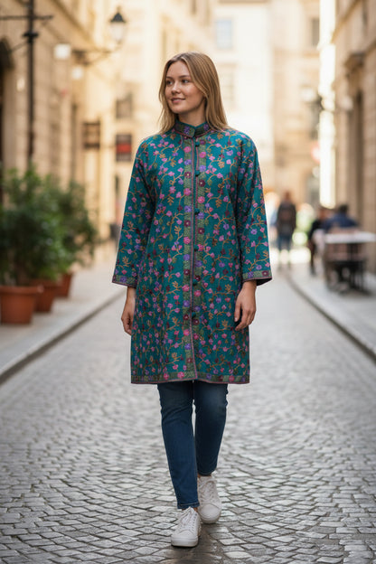 Women’s Woolen Long Coat – Elegant Winter Wear - Turquoise