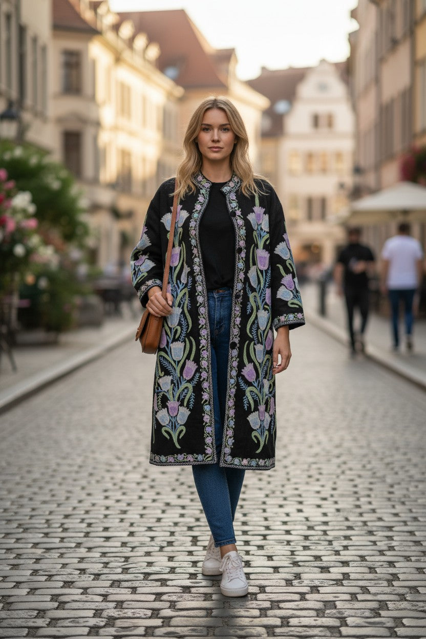 Women’s Woolen Long Coat – Elegant Winter Wear - Black