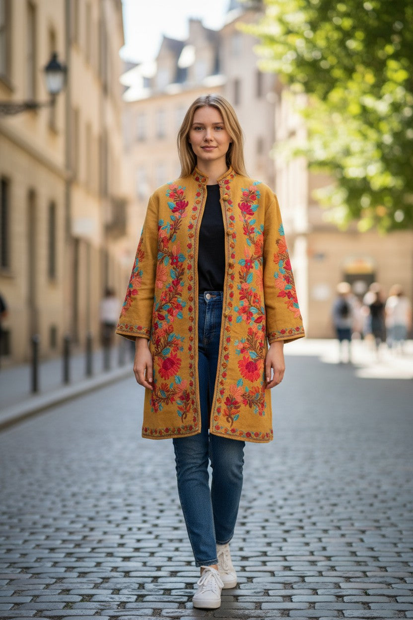 Women’s Woolen Long Coat – Elegant Winter Wear - Mustard