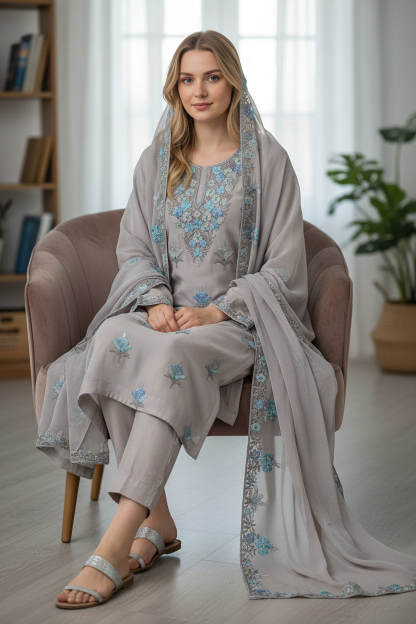 Women Georgette Aari Embroidered suits - Light Grey