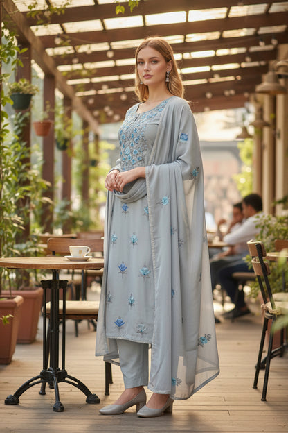 Women Georgette Aari Embroidered suits - Light Grey
