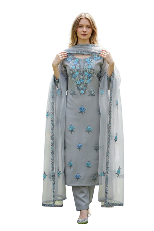Women Georgette Aari Embroidered suits - Light Grey