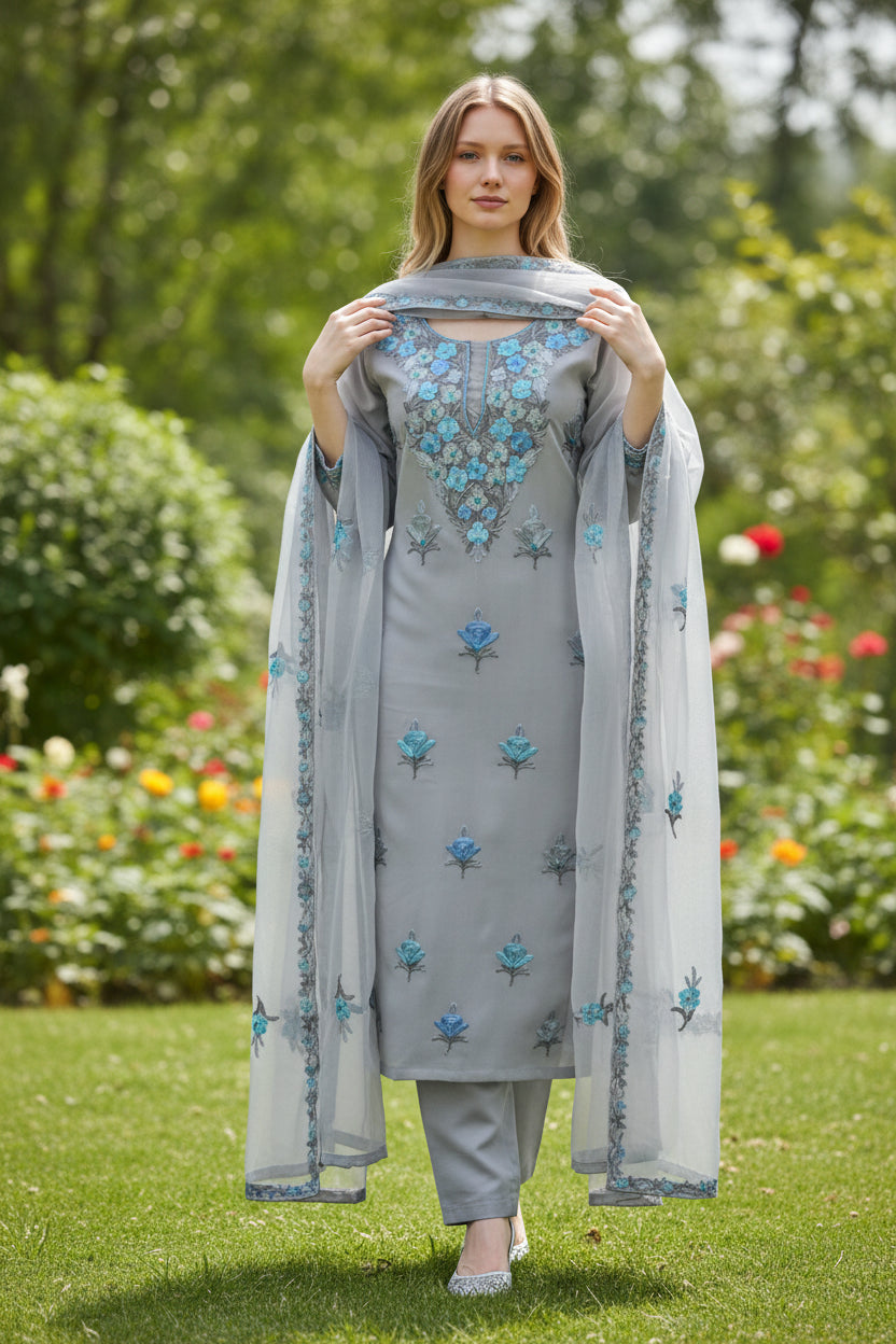 Women Georgette Aari Embroidered suits - Light Grey