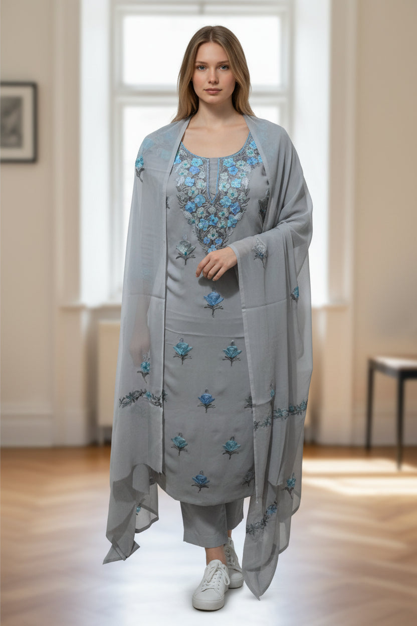 Women Georgette Aari Embroidered suits - Light Grey