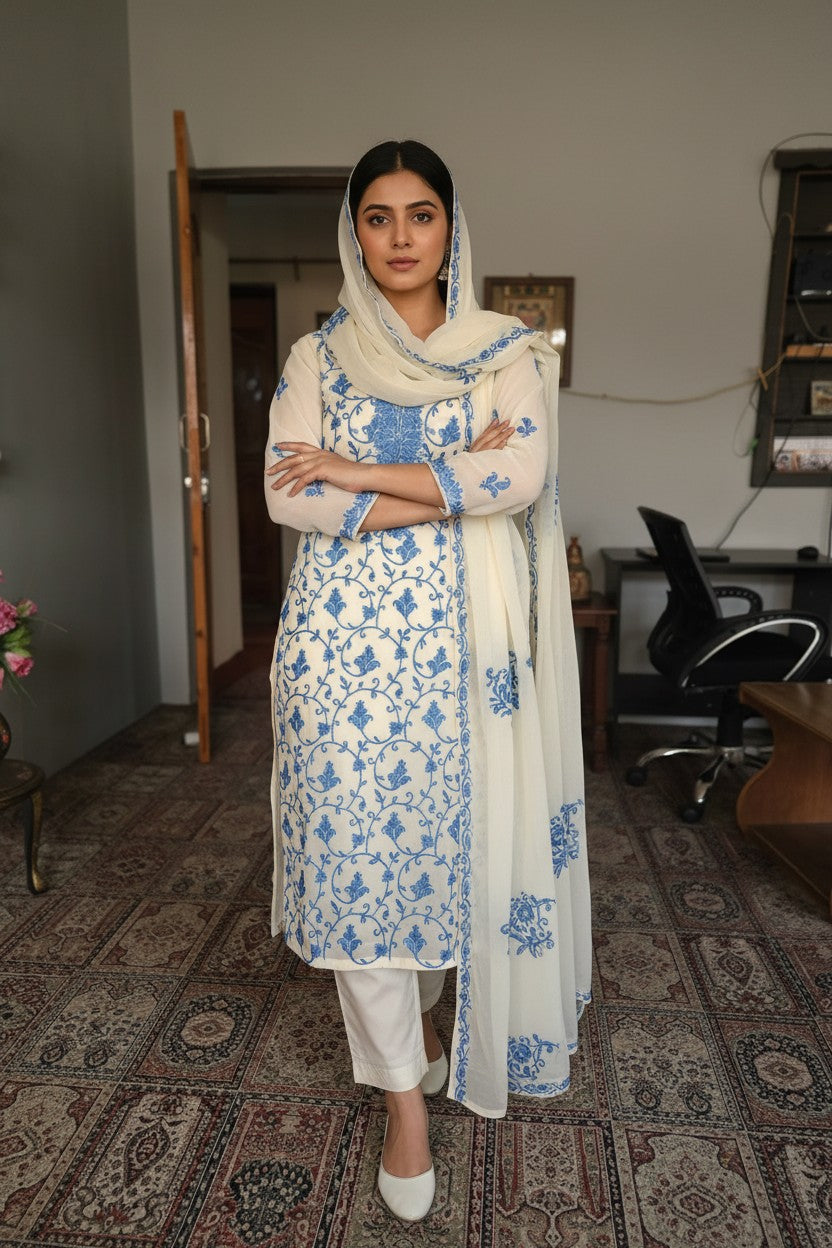 Women Georgette Aari Embroidered suits - OffWhite