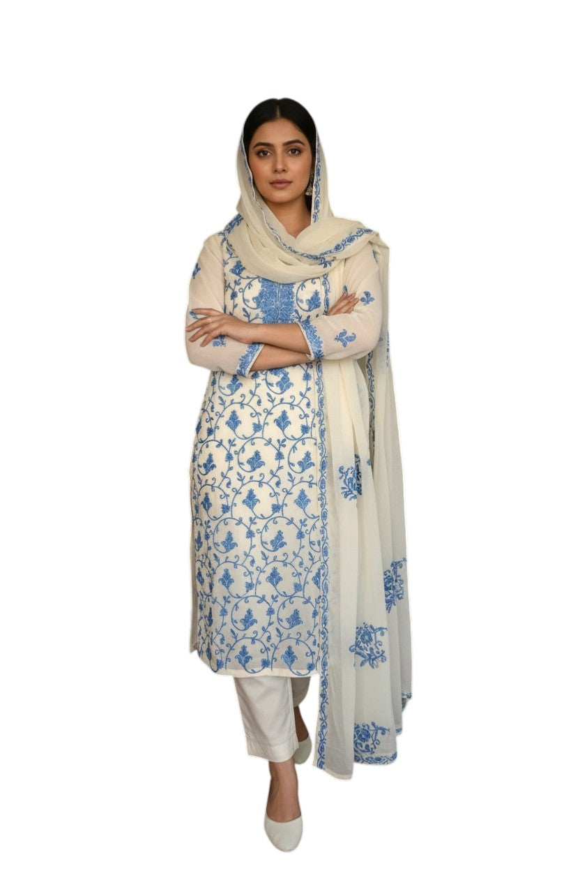 Women Georgette Aari Embroidered suits - OffWhite