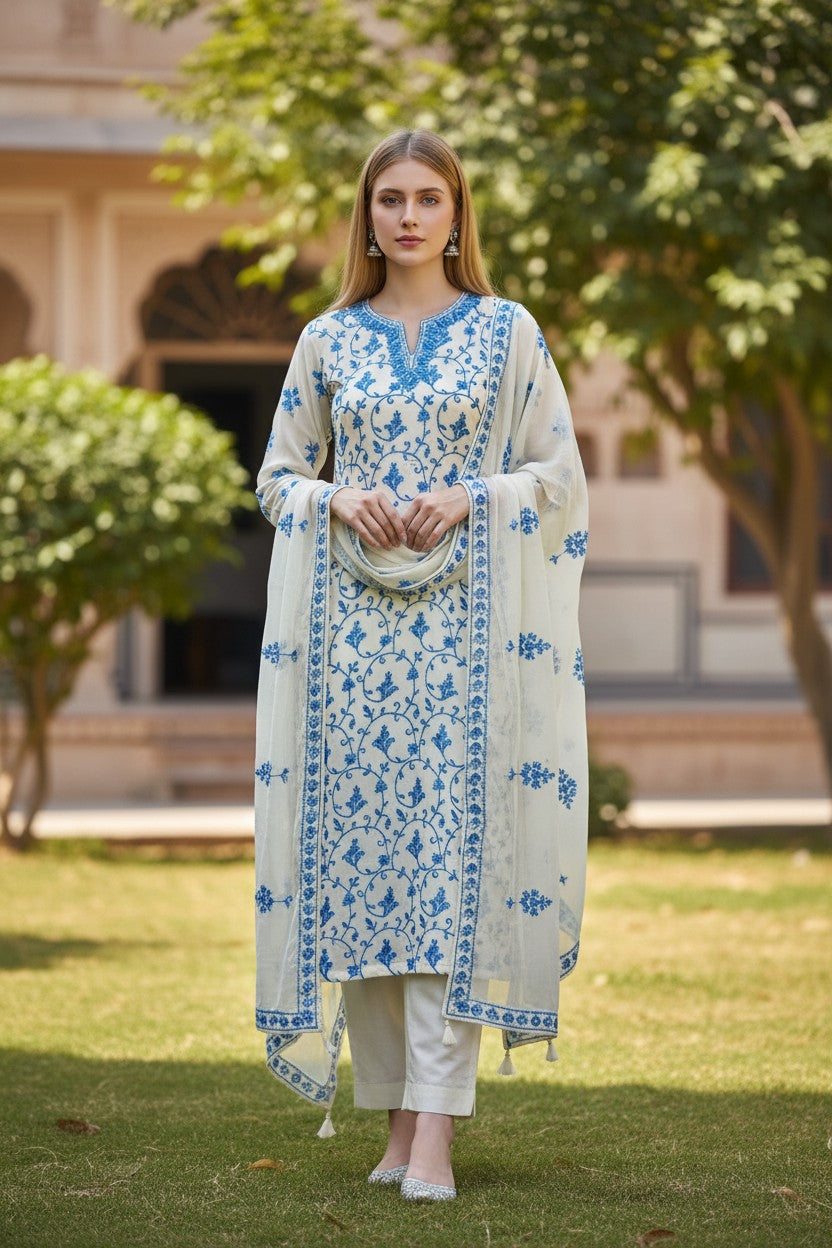 Women Georgette Aari Embroidered suits - OffWhite