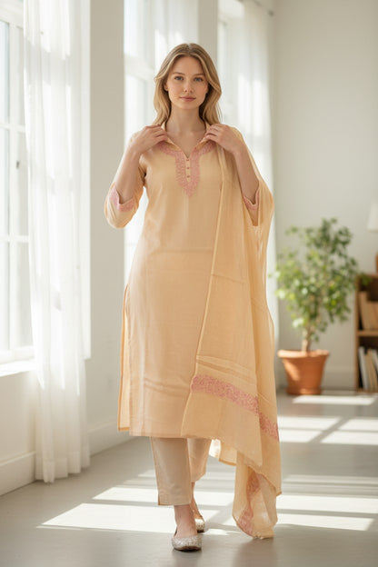 Women Cotton Suits with Kashmiri Embroidery Salwar Suits -beige2