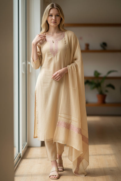 Women Cotton Suits with Kashmiri Embroidery Salwar Suits -beige2