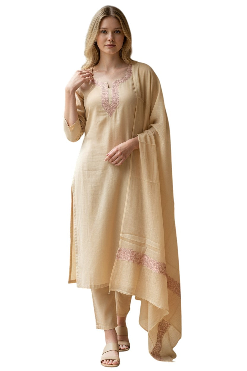 Women Cotton Suits with Kashmiri Embroidery Salwar Suits -beige2