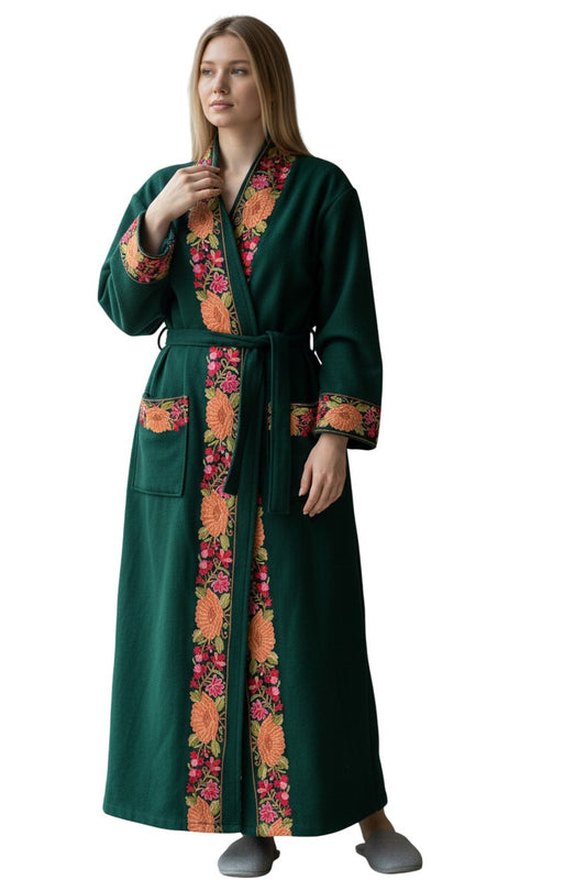 Women Woolen Nightgown Dressing Gown Maxi with Kashmiri Embroidery Free Size (Pure Wool, Green)