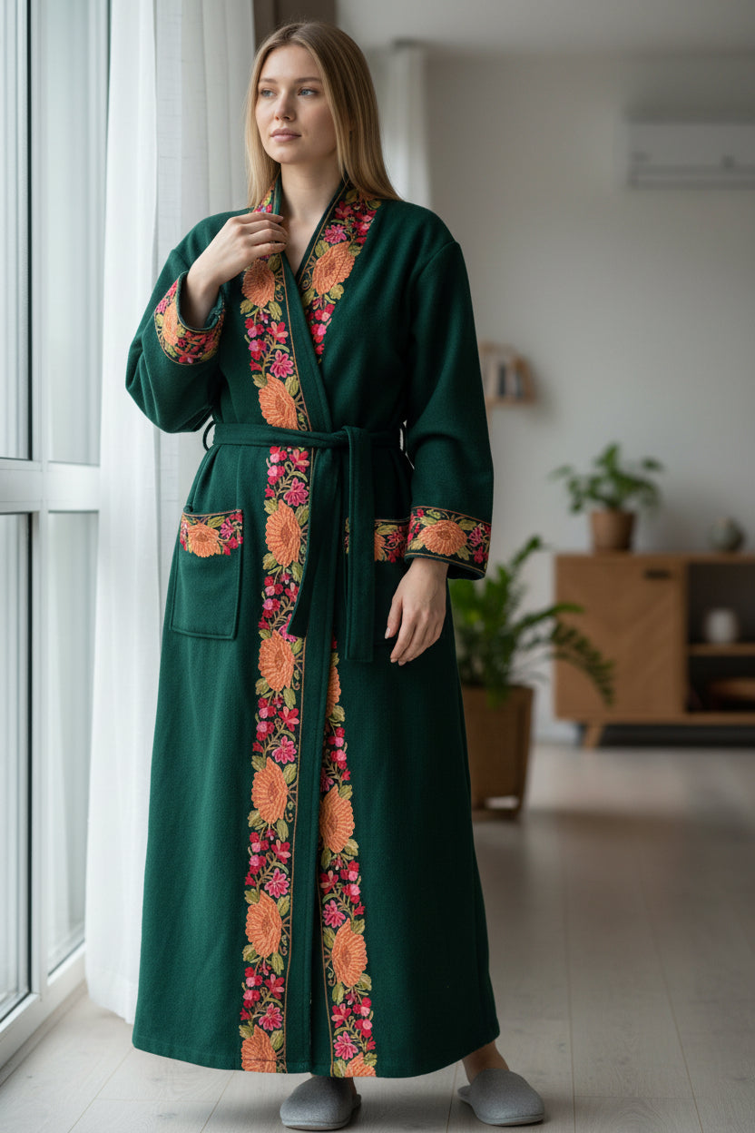 Women Woolen Nightgown Dressing Gown Maxi with Kashmiri Embroidery Free Size (Pure Wool, Green)