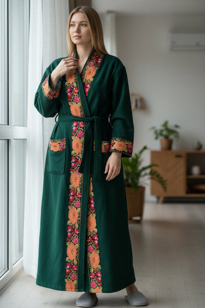 Women Woolen Nightgown Dressing Gown Maxi with Kashmiri Embroidery Free Size (Pure Wool, Green)
