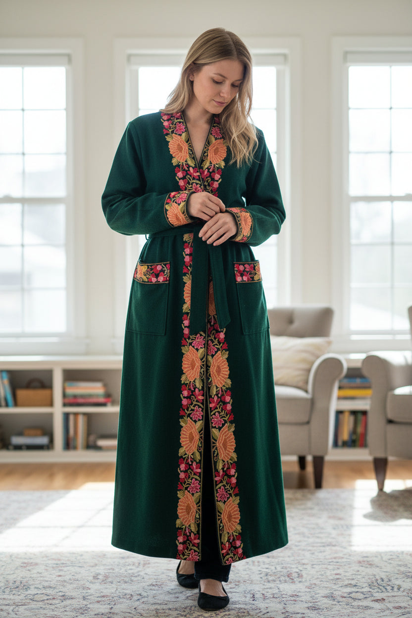 Women Woolen Nightgown Dressing Gown Maxi with Kashmiri Embroidery Free Size (Pure Wool, Green)