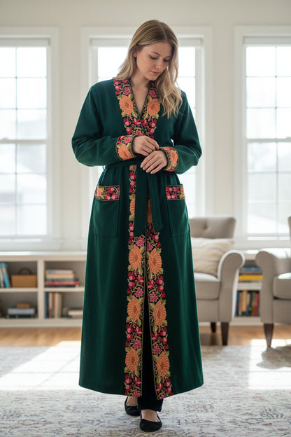 Women Woolen Nightgown Dressing Gown Maxi with Kashmiri Embroidery Free Size (Pure Wool, Green)