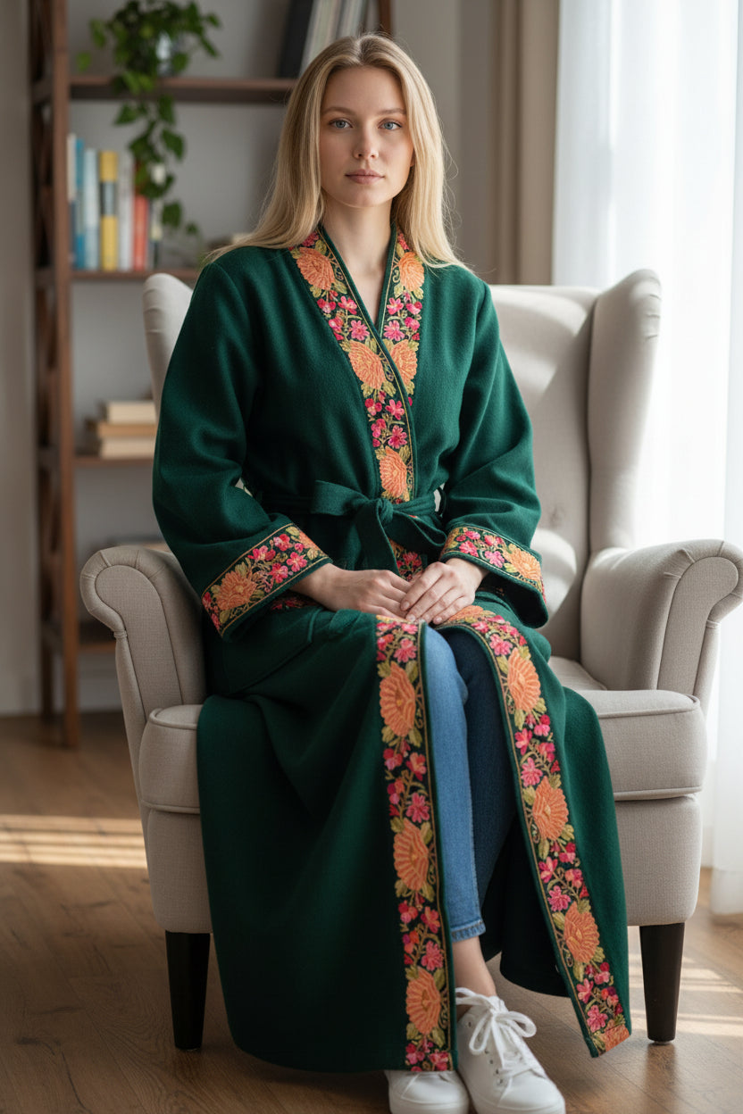 Women Woolen Nightgown Dressing Gown Maxi with Kashmiri Embroidery Free Size (Pure Wool, Green)