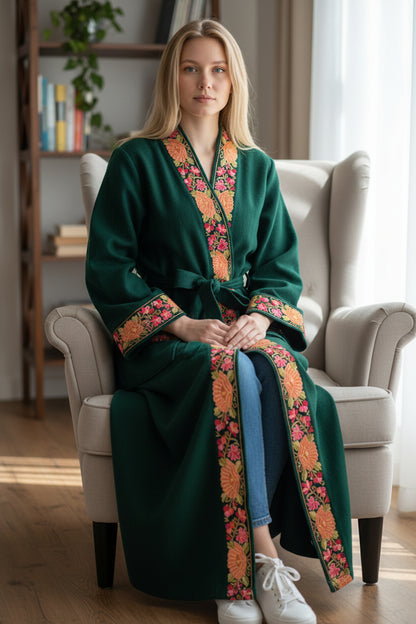Women Woolen Nightgown Dressing Gown Maxi with Kashmiri Embroidery Free Size (Pure Wool, Green)