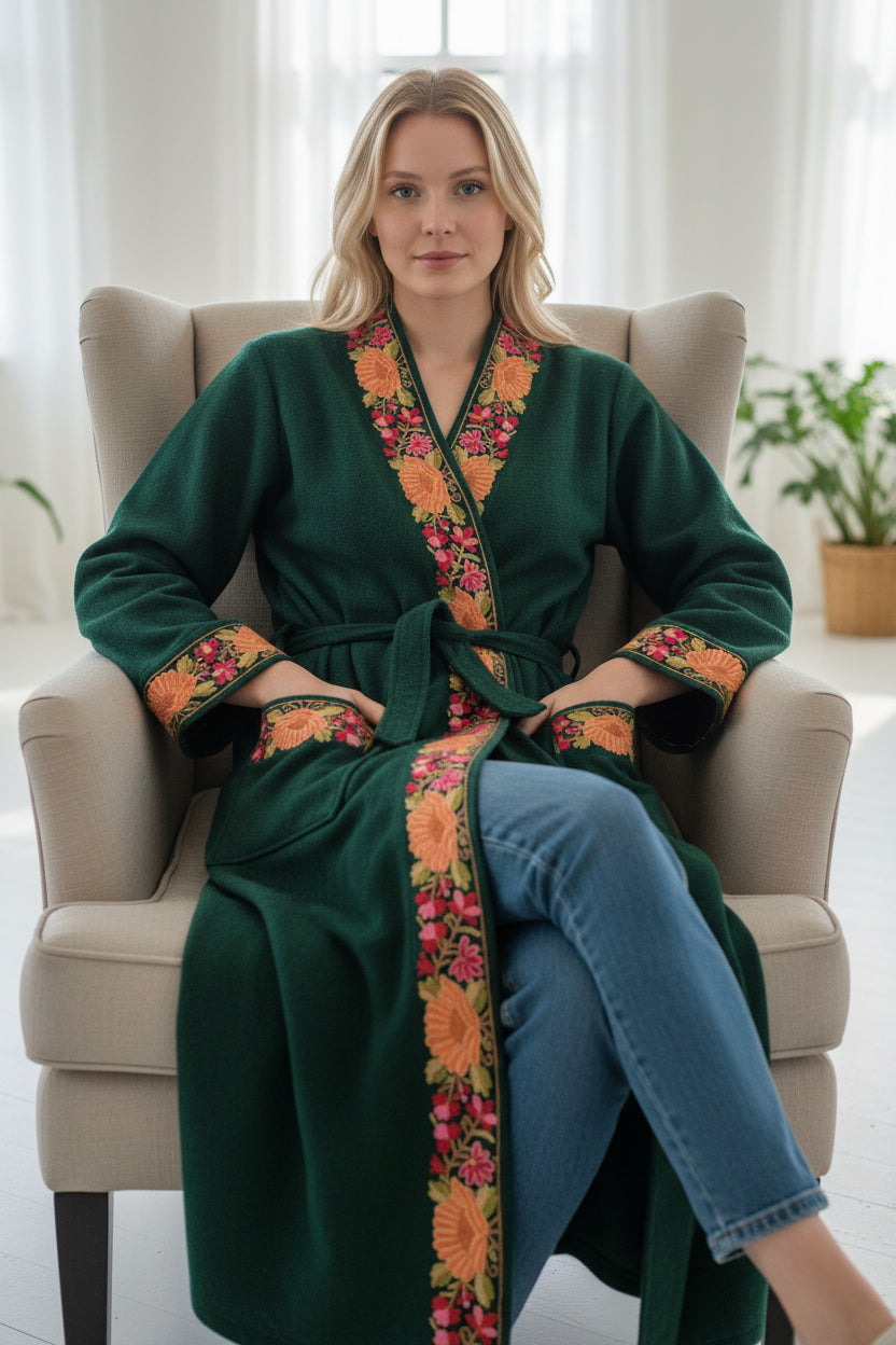 Women Woolen Nightgown Dressing Gown Maxi with Kashmiri Embroidery Free Size (Pure Wool, Green)