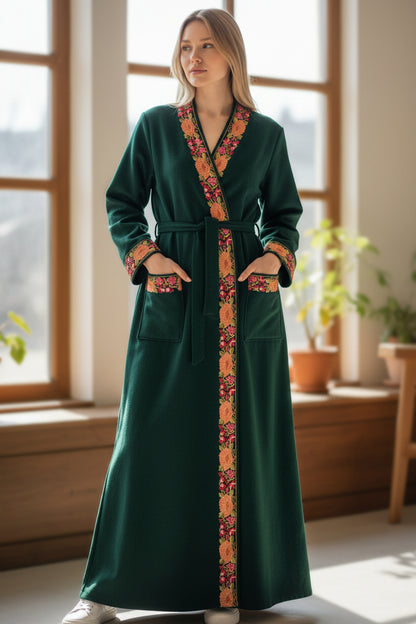 Women Woolen Nightgown Dressing Gown Maxi with Kashmiri Embroidery Free Size (Pure Wool, Green)