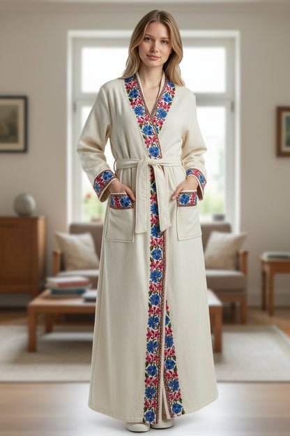 Women Woolen Nightgown Dressing Gown Maxi with Kashmiri Embroidery Free Size (Pure Wool, White)