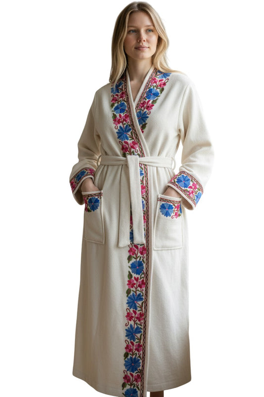 Women Woolen Nightgown Dressing Gown Maxi with Kashmiri Embroidery Free Size (Pure Wool, White)