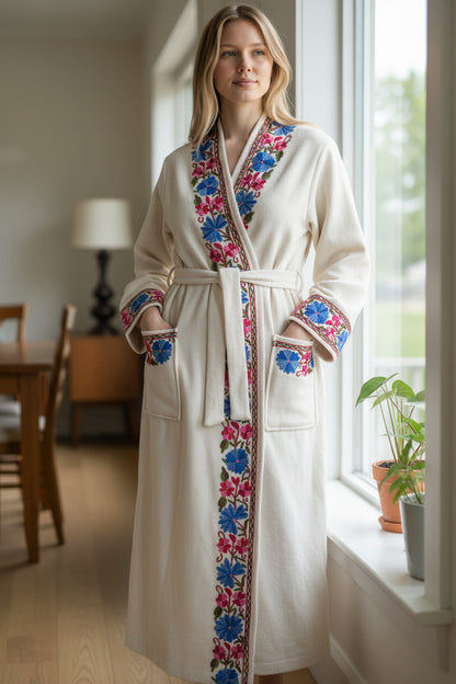 Women Woolen Nightgown Dressing Gown Maxi with Kashmiri Embroidery Free Size (Pure Wool, White)