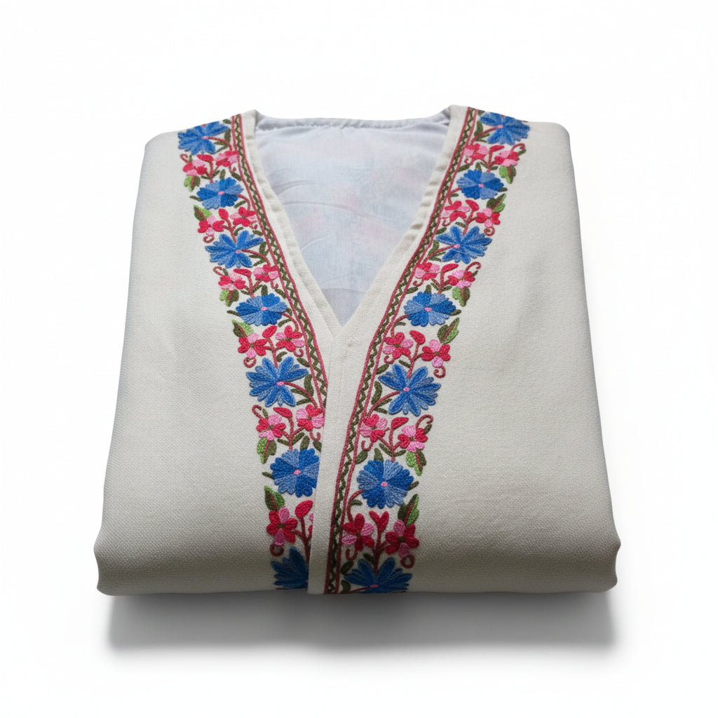 Women Woolen Nightgown Dressing Gown Maxi with Kashmiri Embroidery Free Size (Pure Wool, White)