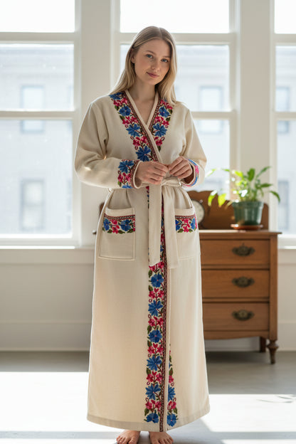 Women Woolen Nightgown Dressing Gown Maxi with Kashmiri Embroidery Free Size (Pure Wool, White)