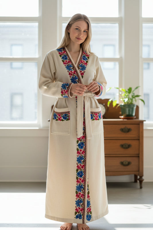 Women Woolen Nightgown Dressing Gown Maxi with Kashmiri Embroidery Free Size (Pure Wool, White)