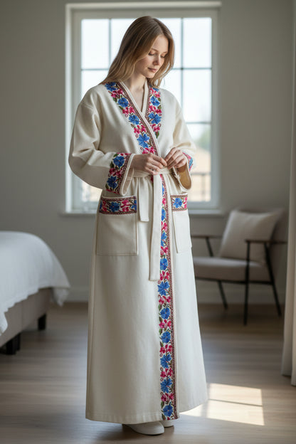 Women Woolen Nightgown Dressing Gown Maxi with Kashmiri Embroidery Free Size (Pure Wool, White)