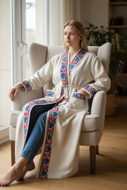 Women Woolen Nightgown Dressing Gown Maxi with Kashmiri Embroidery Free Size (Pure Wool, White)