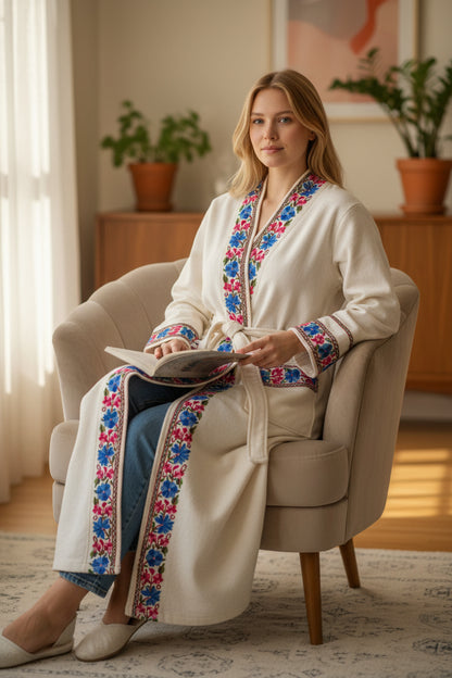 Women Woolen Nightgown Dressing Gown Maxi with Kashmiri Embroidery Free Size (Pure Wool, White)