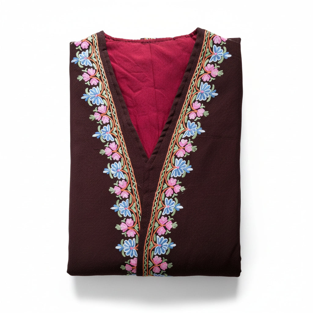 Women Woolen Nightgown Dressing Gown Maxi with Kashmiri Embroidery Free Size (Pure Wool, Maroon-2)