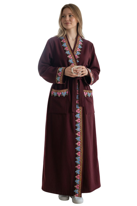 Women Woolen Nightgown Dressing Gown Maxi with Kashmiri Embroidery Free Size (Pure Wool, Maroon-2)