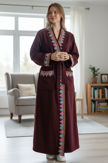Women Woolen Nightgown Dressing Gown Maxi with Kashmiri Embroidery Free Size (Pure Wool, Maroon-2)