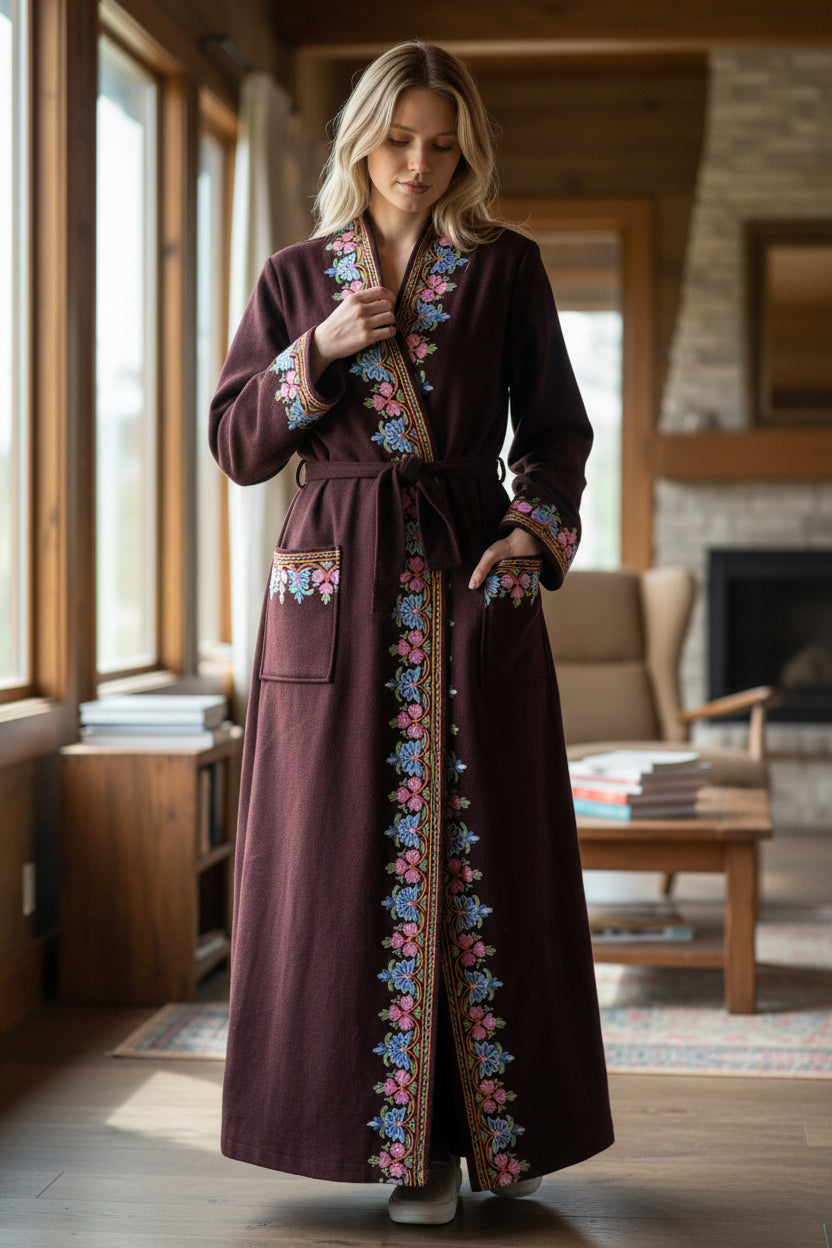 Women Woolen Nightgown Dressing Gown Maxi with Kashmiri Embroidery Free Size (Pure Wool, Maroon-2)