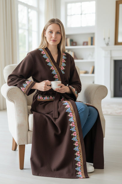 Women Woolen Nightgown Dressing Gown Maxi with Kashmiri Embroidery Free Size (Pure Wool, Maroon-2)