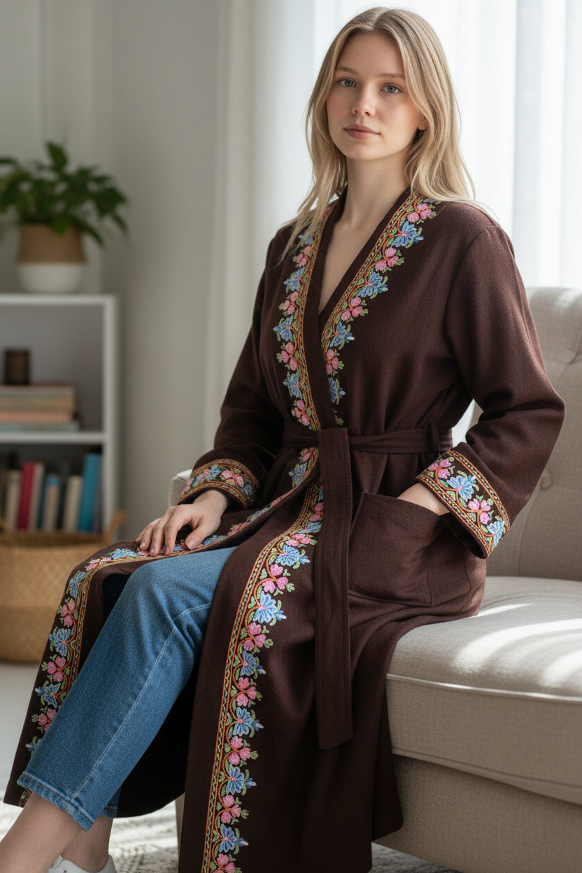 Women Woolen Nightgown Dressing Gown Maxi with Kashmiri Embroidery Free Size (Pure Wool, Maroon-2)