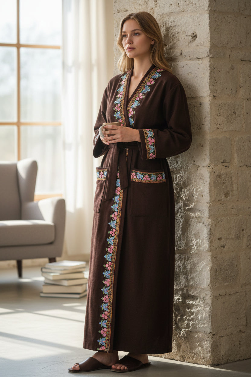 Women Woolen Nightgown Dressing Gown Maxi with Kashmiri Embroidery Free Size (Pure Wool, Maroon-2)