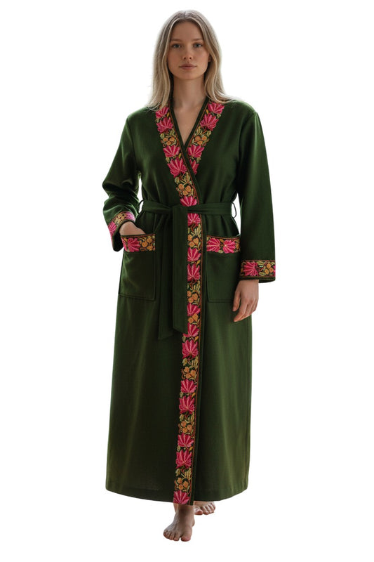 Women Woolen Nightgown Dressing Gown Maxi with Kashmiri Embroidery Free Size (Pure Wool, Light Green)