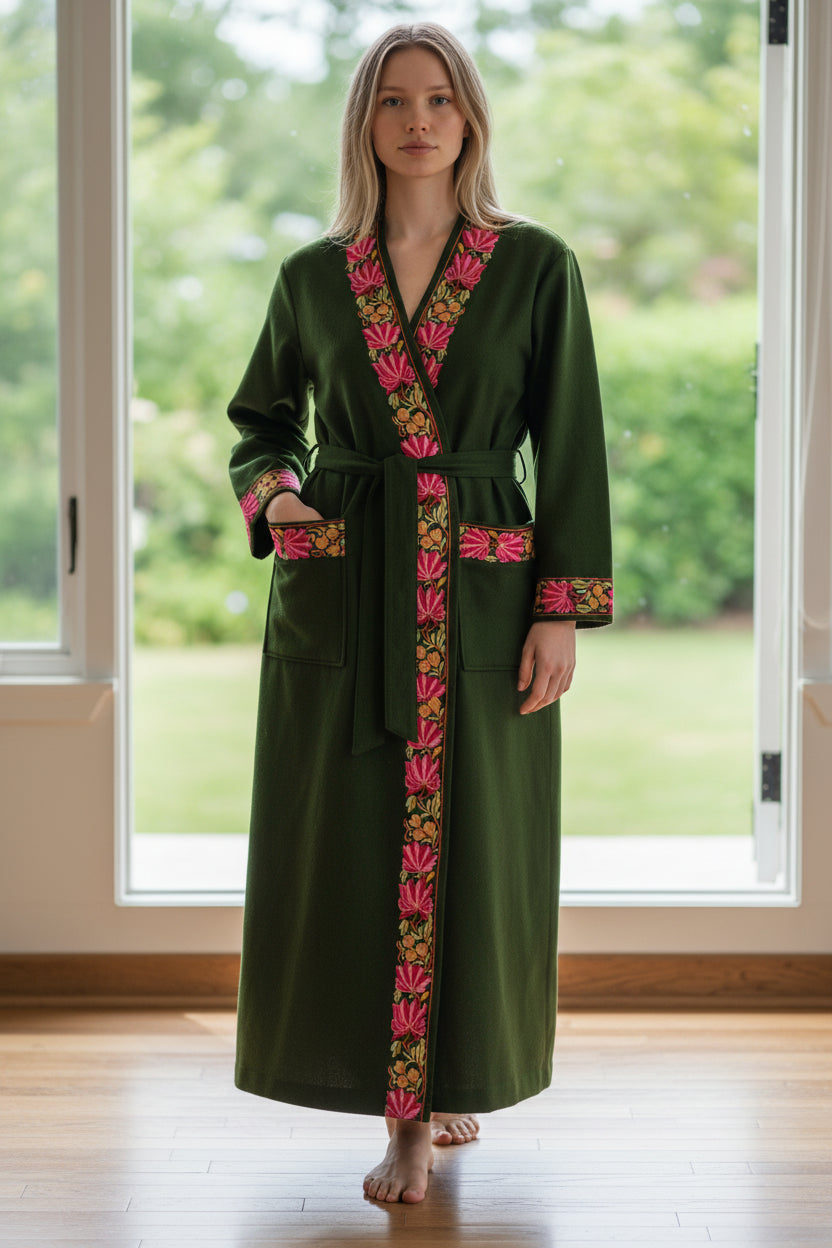 Women Woolen Nightgown Dressing Gown Maxi with Kashmiri Embroidery Free Size (Pure Wool, Light Green)