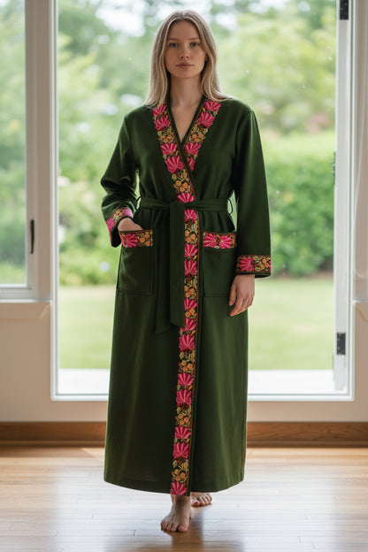 Women Woolen Nightgown Dressing Gown Maxi with Kashmiri Embroidery Free Size (Pure Wool, Light Green)