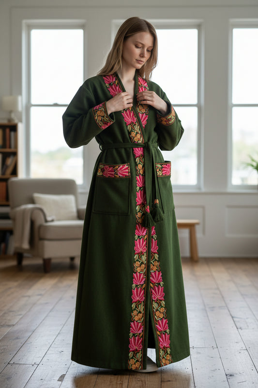 Women Woolen Nightgown Dressing Gown Maxi with Kashmiri Embroidery Free Size (Pure Wool, Light Green)
