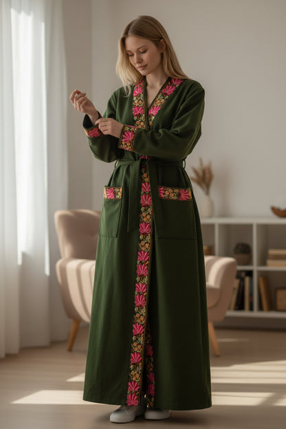 Women Woolen Nightgown Dressing Gown Maxi with Kashmiri Embroidery Free Size (Pure Wool, Light Green)